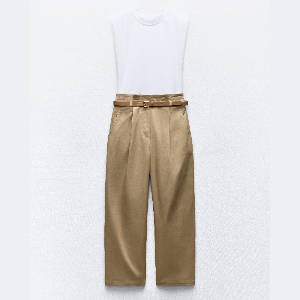 Комбинезон Zara Contrast With Belt, белый/светло-коричневый