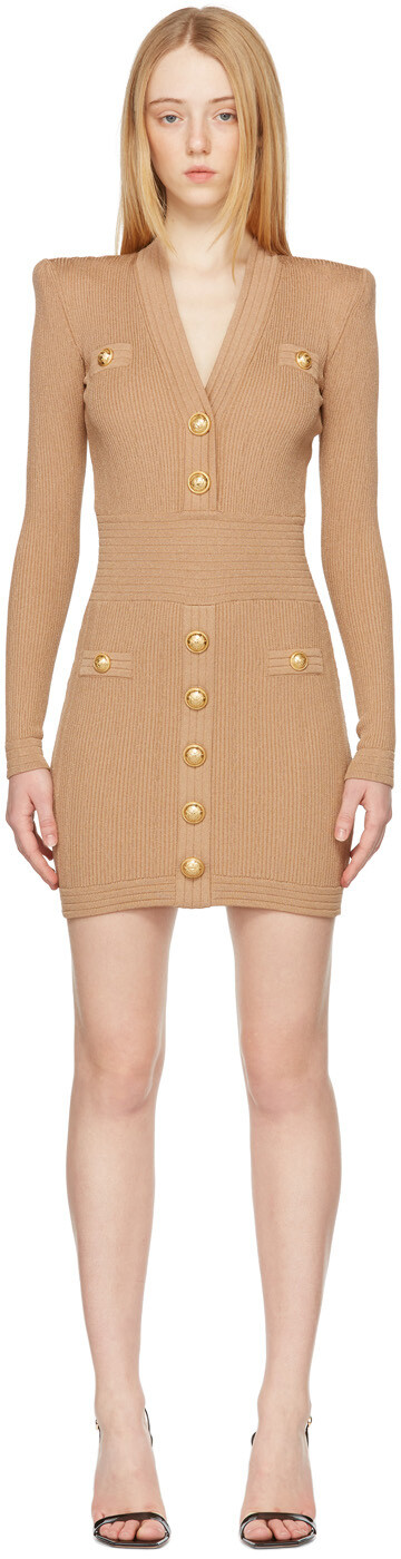 

Бежевое вязаное платье в рубчик Balmain