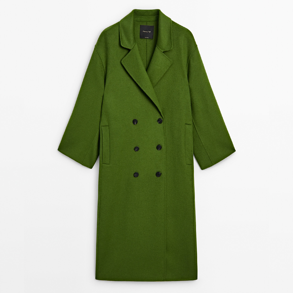 Пальто Massimo Dutti Long Wool Blend Double-breasted, зеленый пальто massimo dutti wool blend coat with shirt collar хаки