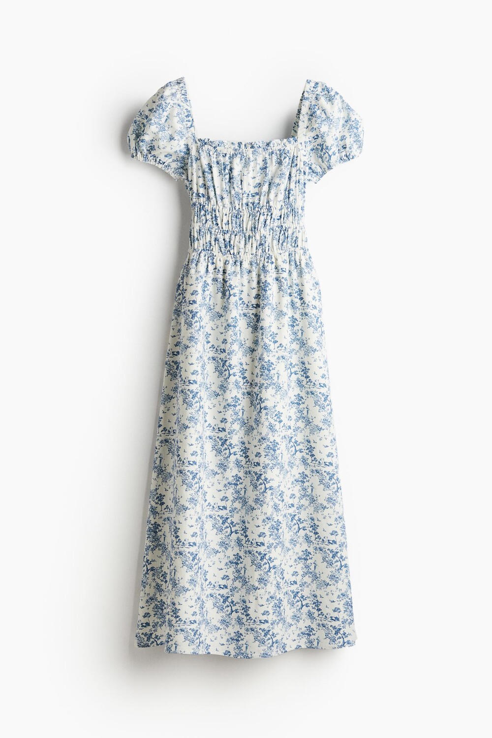 

Платье H&M Linen-blend Smocked-waist, кремовый/синий