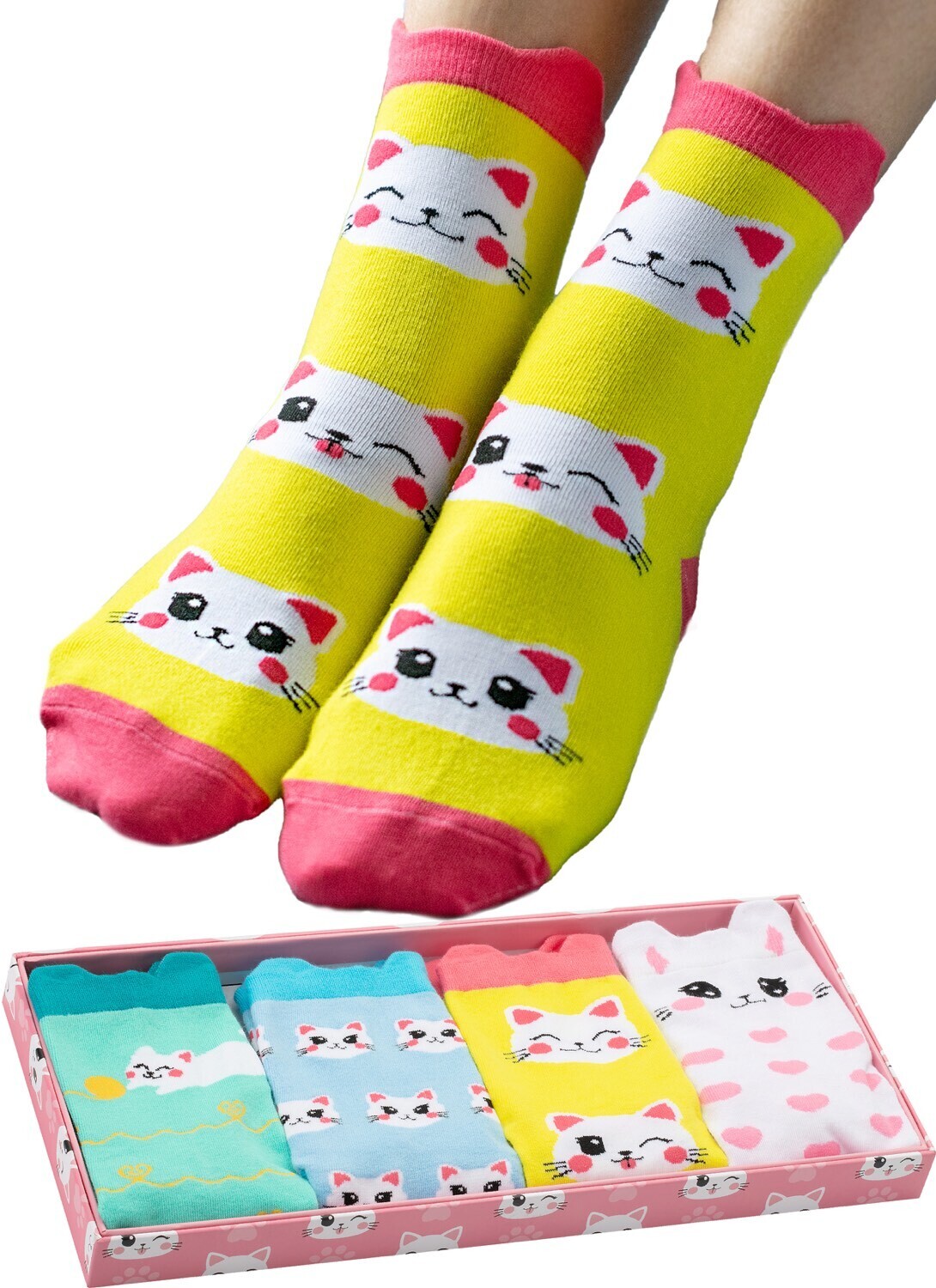 

Носки Corimori Witzige Lustige Katzen Baumwolle 4er Set Anime Geschenk Verpackung Cat, желтый