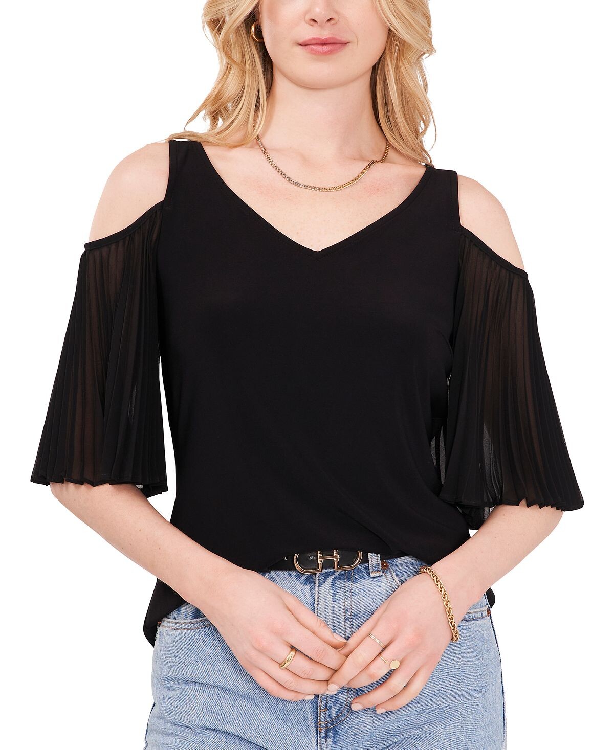 

Топ с открытыми плечами и плиссированными рукавами Vince Camuto, черный