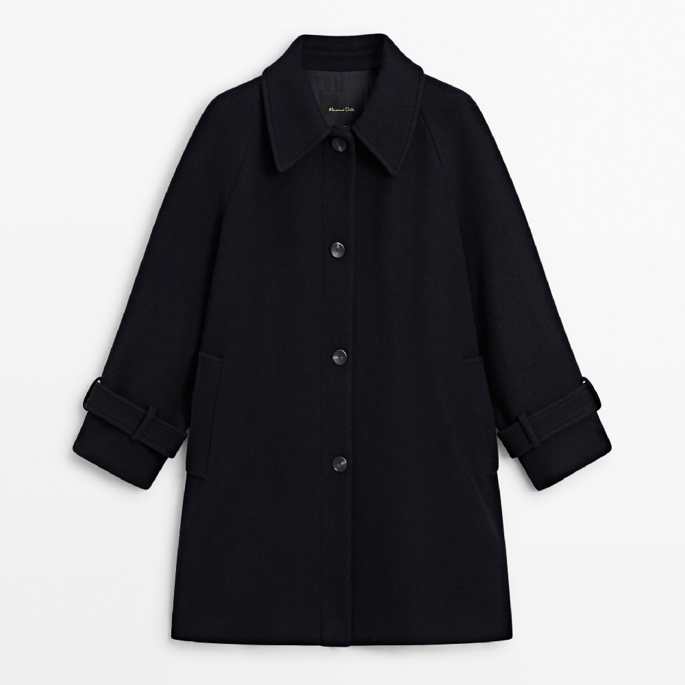 Пальто Massimo Dutti Tabard-effect Wool Blend, черный пальто massimo dutti wool blend coat with shirt collar хаки