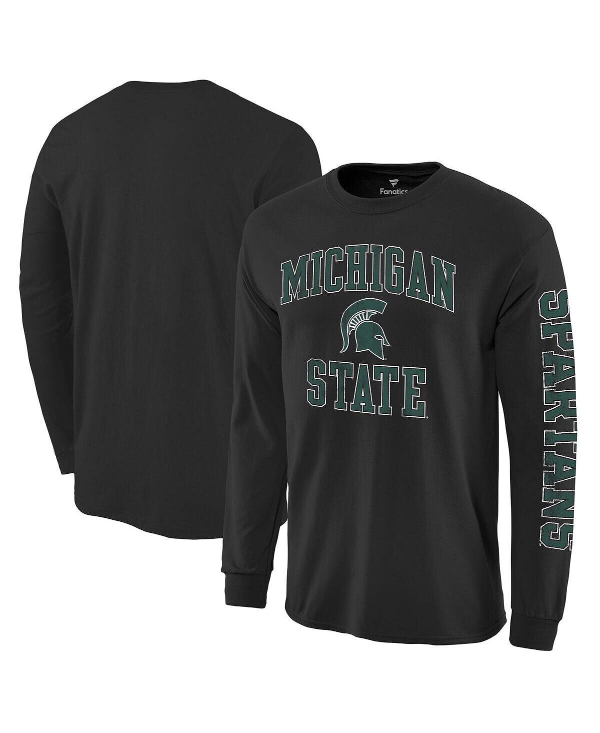 

Мужская фирменная черная фирменная футболка с длинным рукавом michigan state spartans с рваной аркой и логотипом с длинным рукавом Fanatics, черный