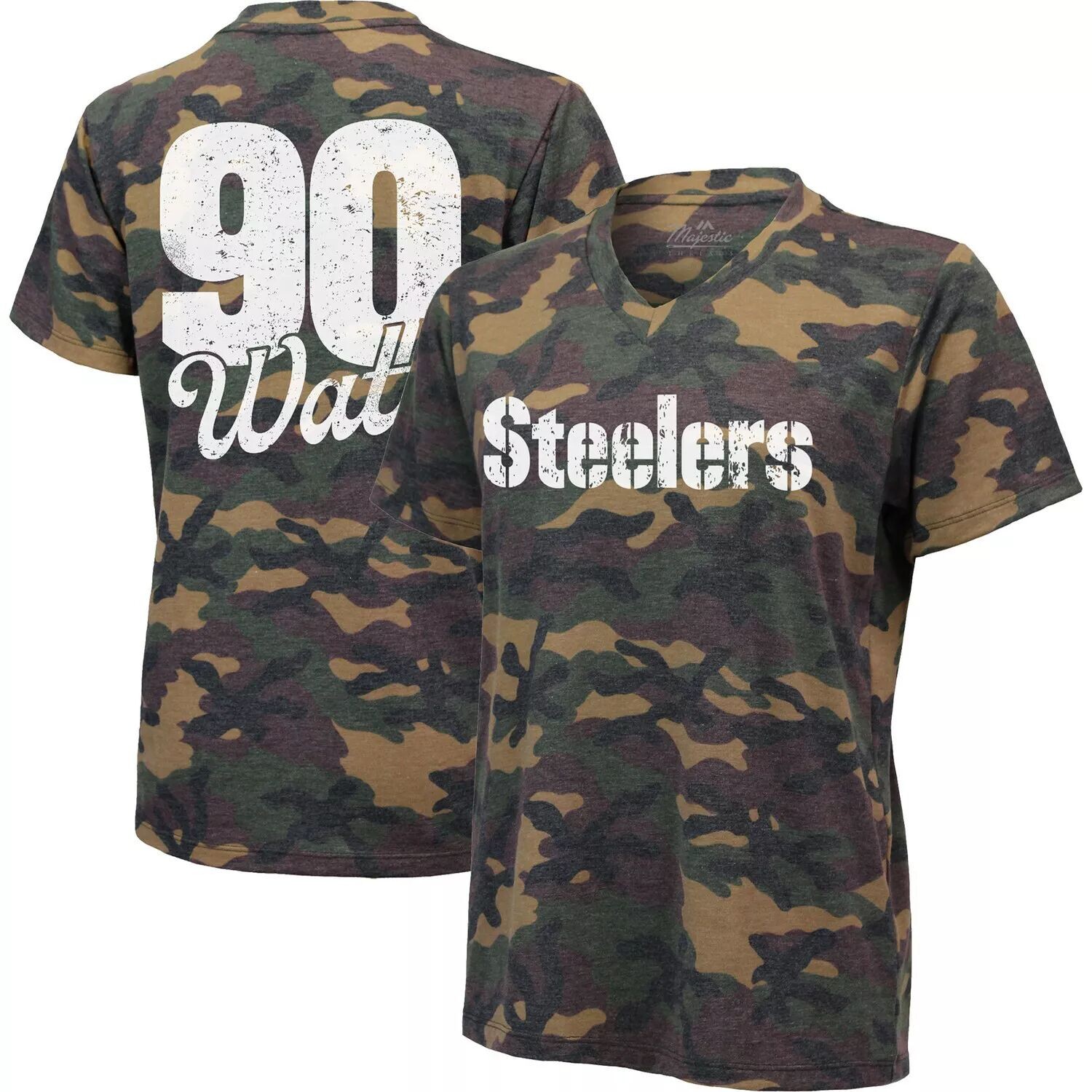 

Женский Ти Джей Футболка с V-образным вырезом и именем и номером Watt Camo Pittsburgh Steelers
