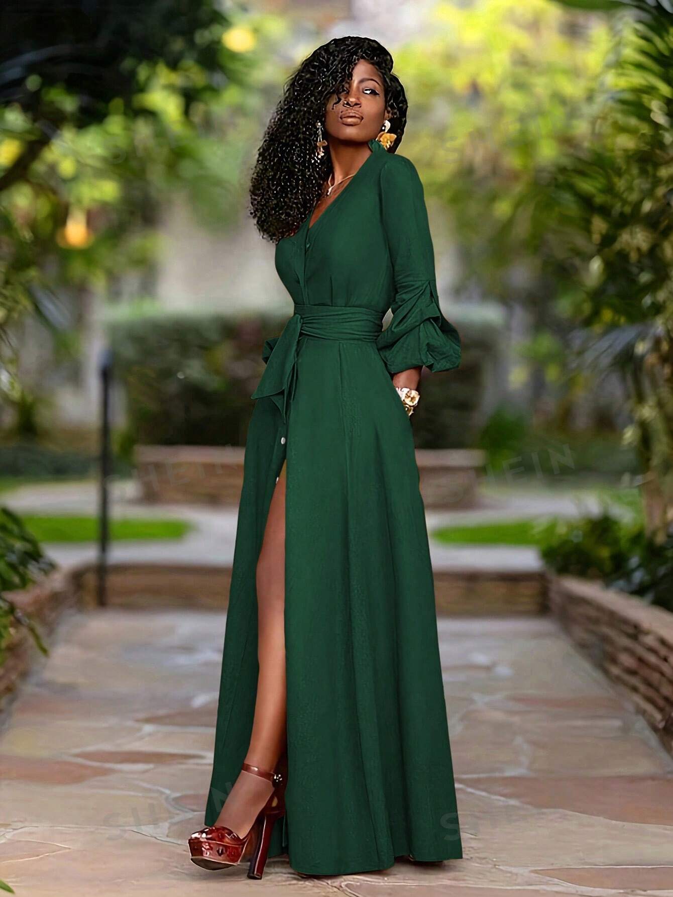 SHEIN Lady женское однобортное платье с v-образным вырезом и рукавами-фонариками, темно-зеленый женское платье с высокой талией длинное приталенное платье во французском стиле с рукавами фонариками и квадратным вырезом весна лето