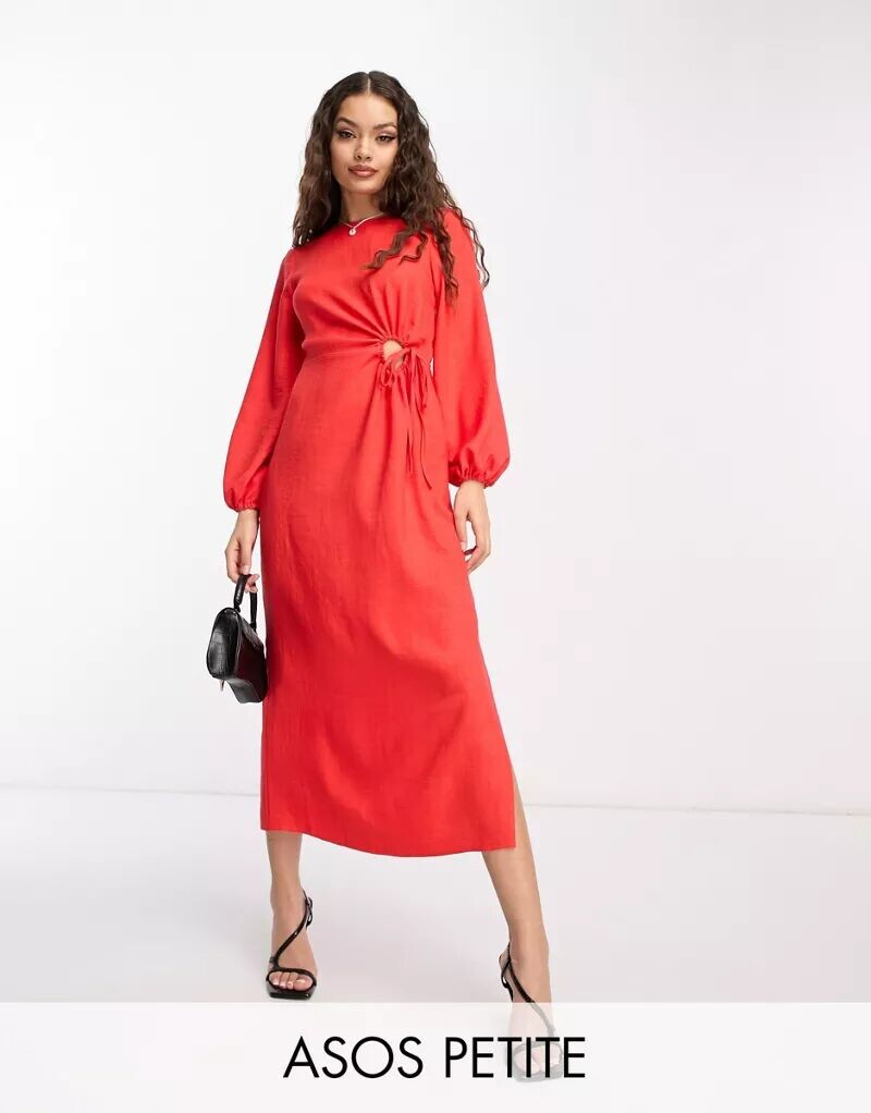 

Коралловое платье миди с длинными рукавами и вырезом на поясе ASOS DESIGN Petite