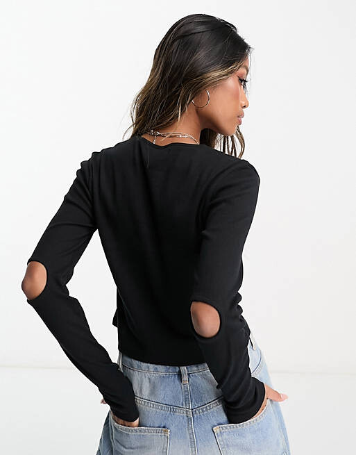

Черный укороченный топ в рубчик с длинными рукавами Threadbare Anikita