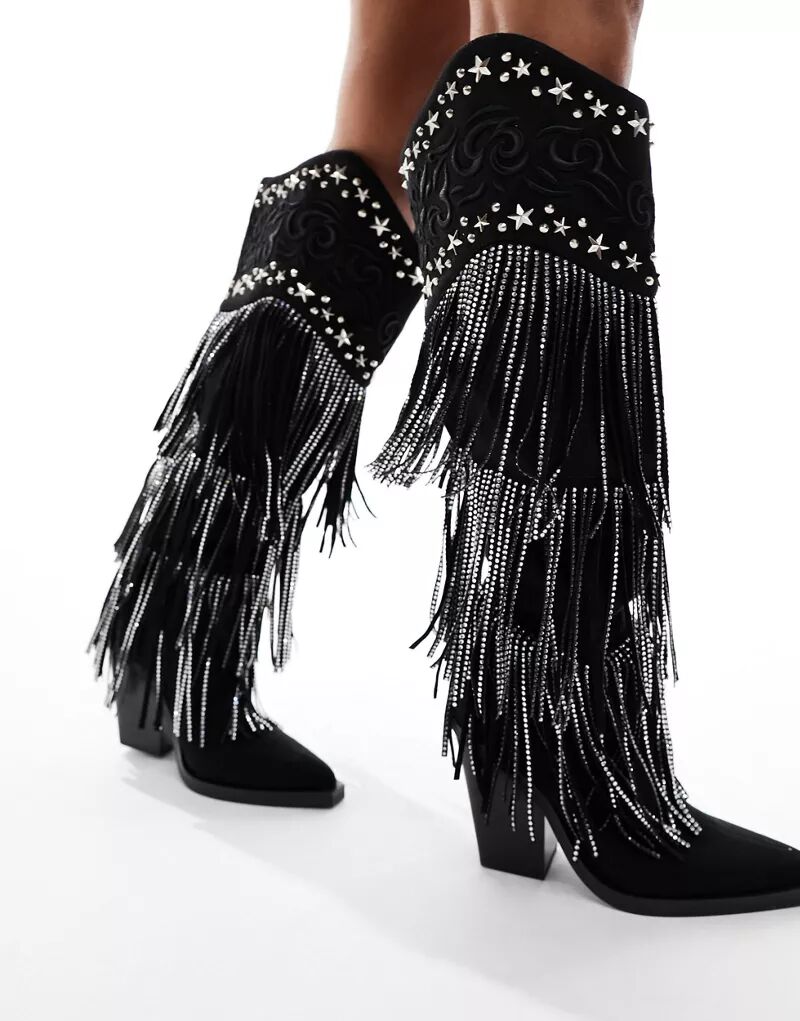 цена Черные ковбойские сапоги до колена с бахромой Simmi London Dance SIMMI Shoes