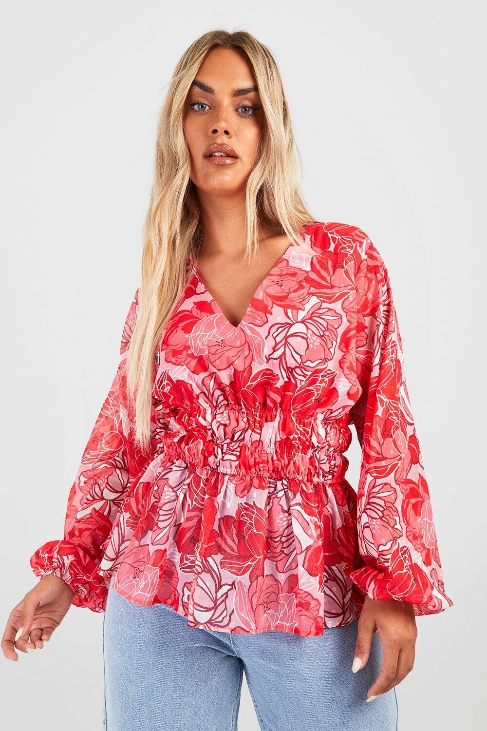 

Топ с баски и рукавами plus добби с цветочным цветом Boohoo, красный