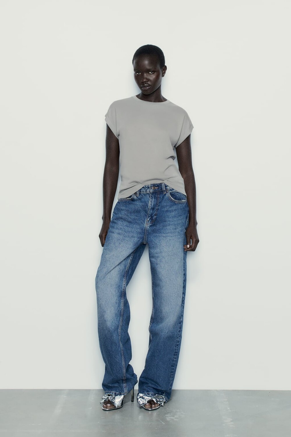 

Хлопковая футболка с рукавами ZARA, серый