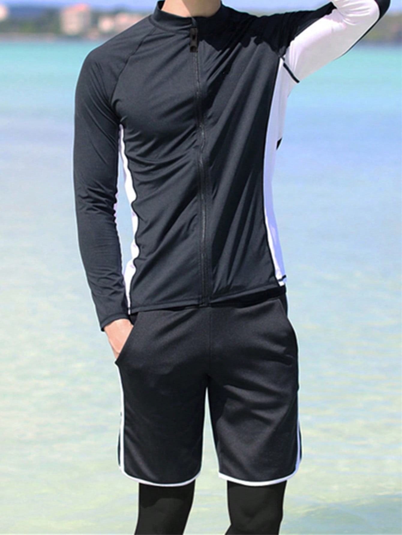 Мужской простой гидрокостюм в стиле ретро с длинными рукавами и длинными брюками, черный
