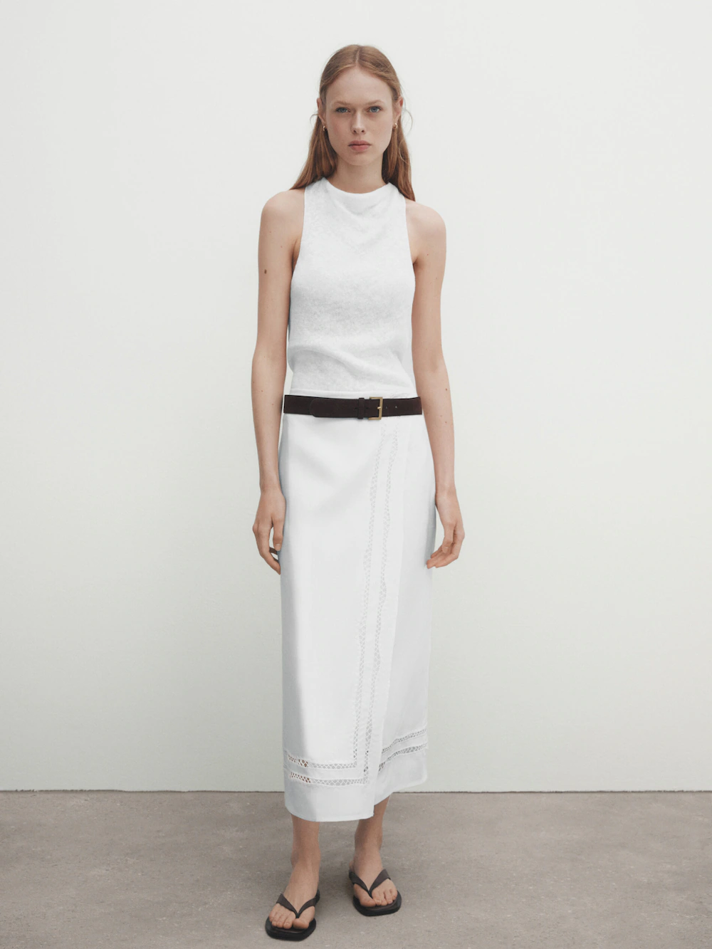 

Юбка Massimo Dutti Linen Wrap Midi With Embroidery Detail, белый