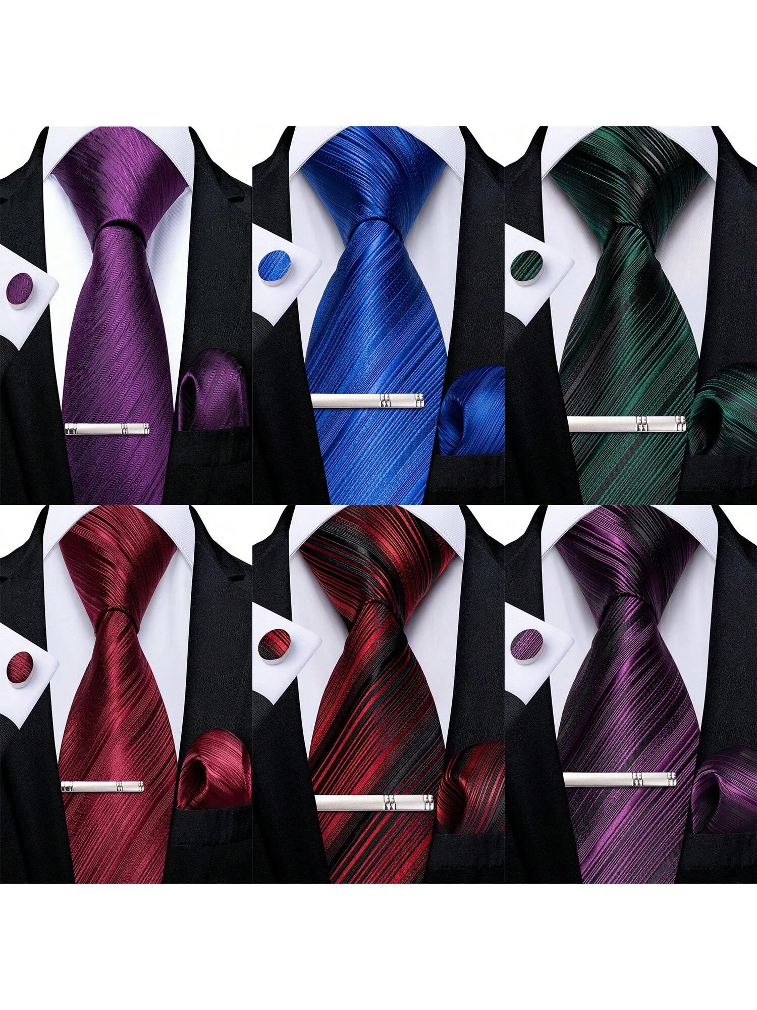 цена DiBanGu мужские галстуки шелковые полосатые свадебные галстуки карманные квадратные запонки зажим набор свадебный 4 шт., многоцветный