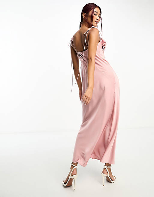 Атласное платье миди Bardot розового цвета