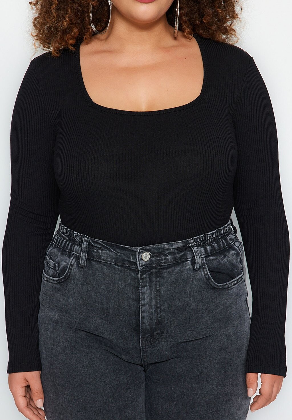 

Футболка с длинным рукавом Plus Size Trendyol Curve, черный