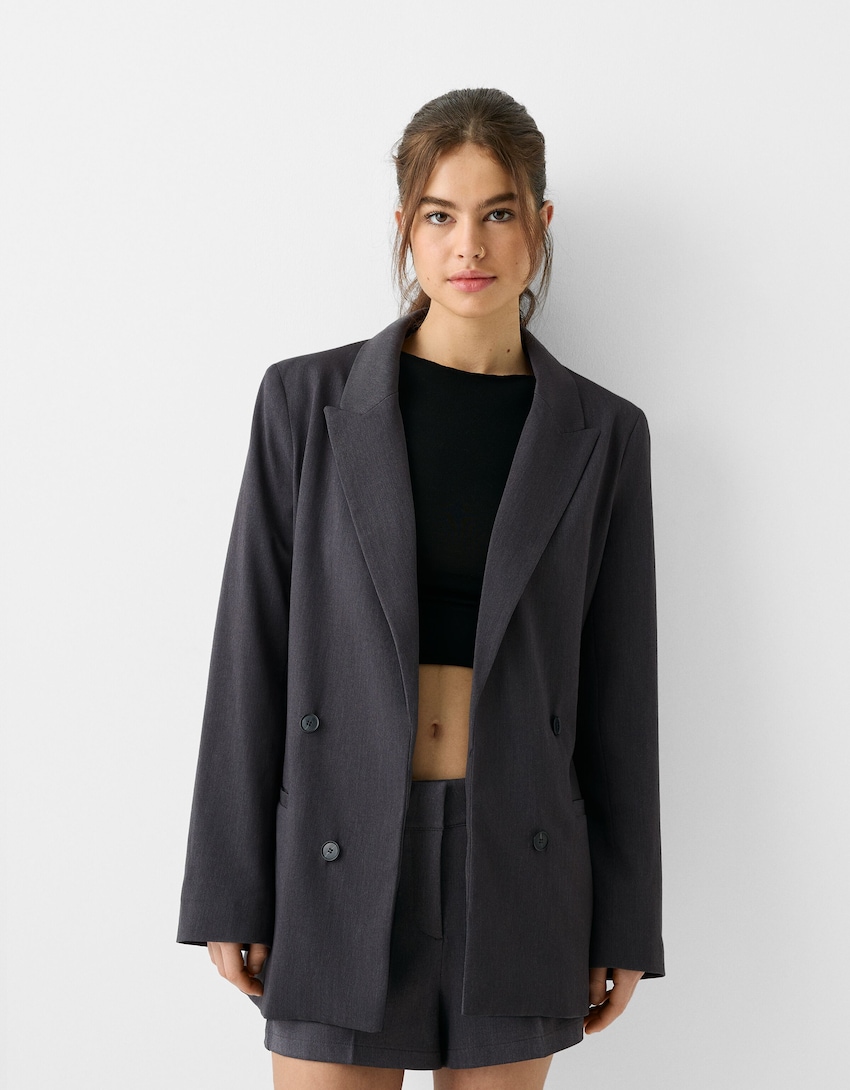 цена Приталенный двубортный пиджак свободного кроя Bershka, серый