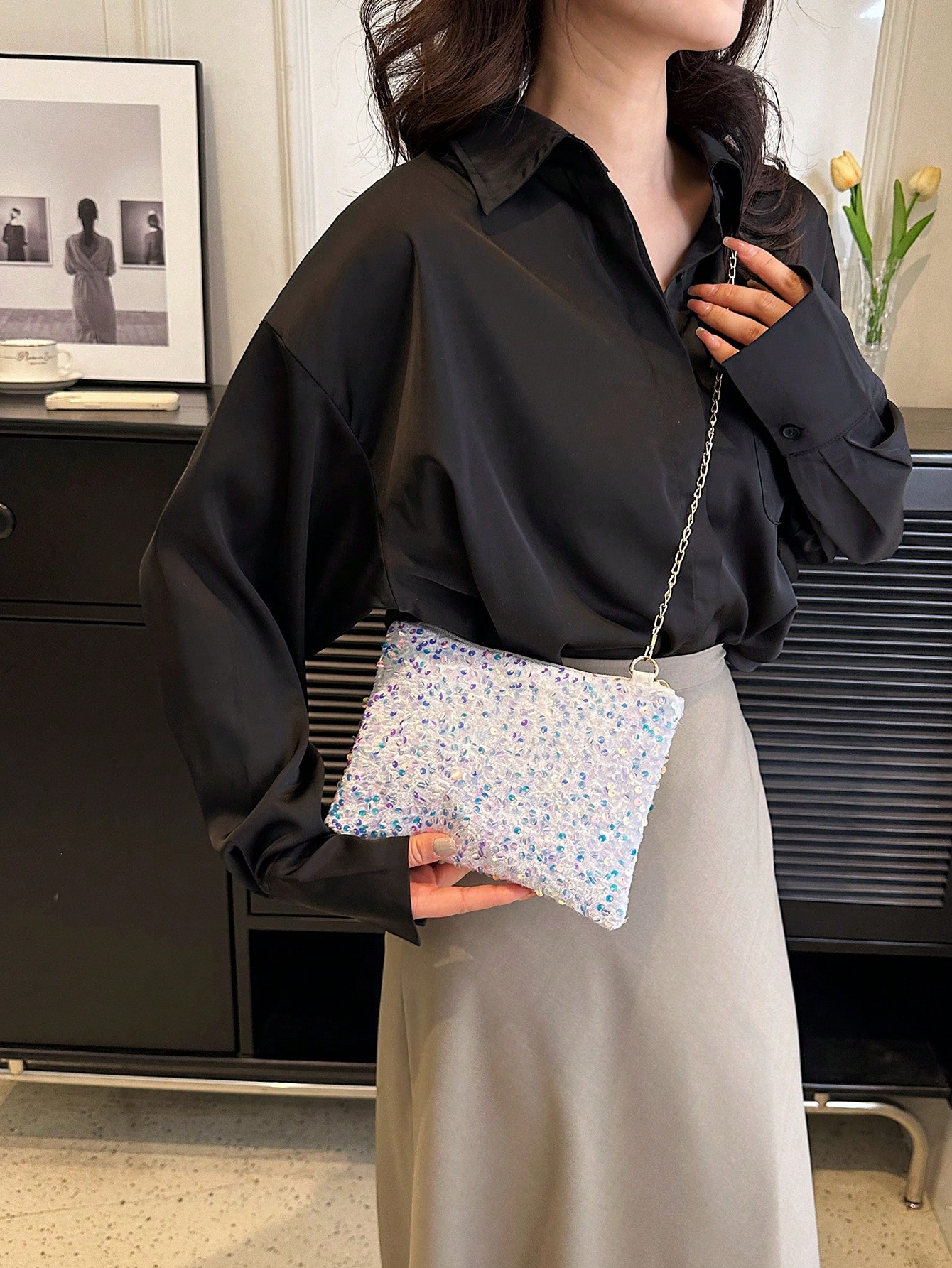Модная красочная прямоугольная женская сумка с блестками, белый новое поступление женская сумка через плечо с гитарой в темном стиле черный