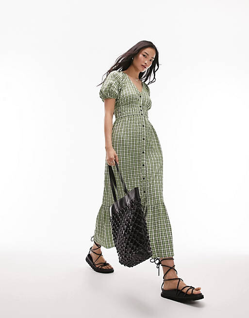 

Зеленое фактурное платье миди в клетку Topshop