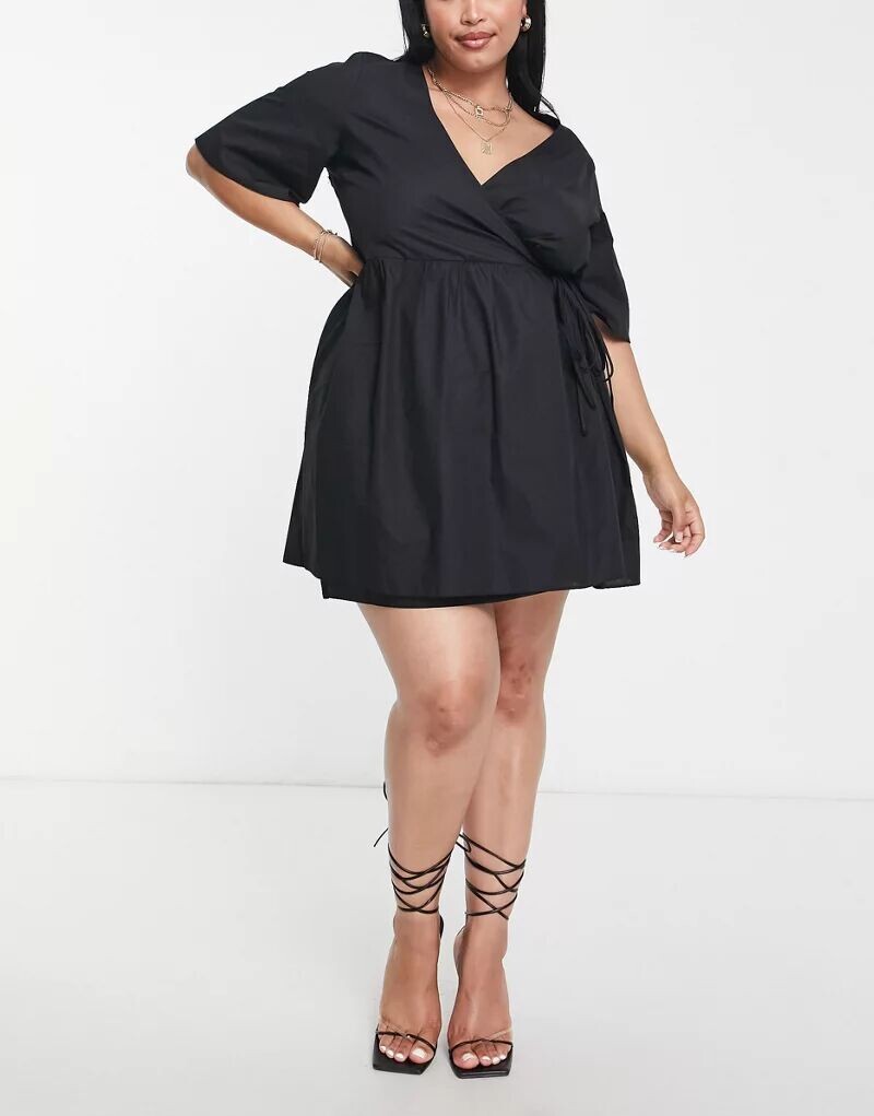 

Черное платье мини с запахом и запахом на талии ASOS DESIGN Curve