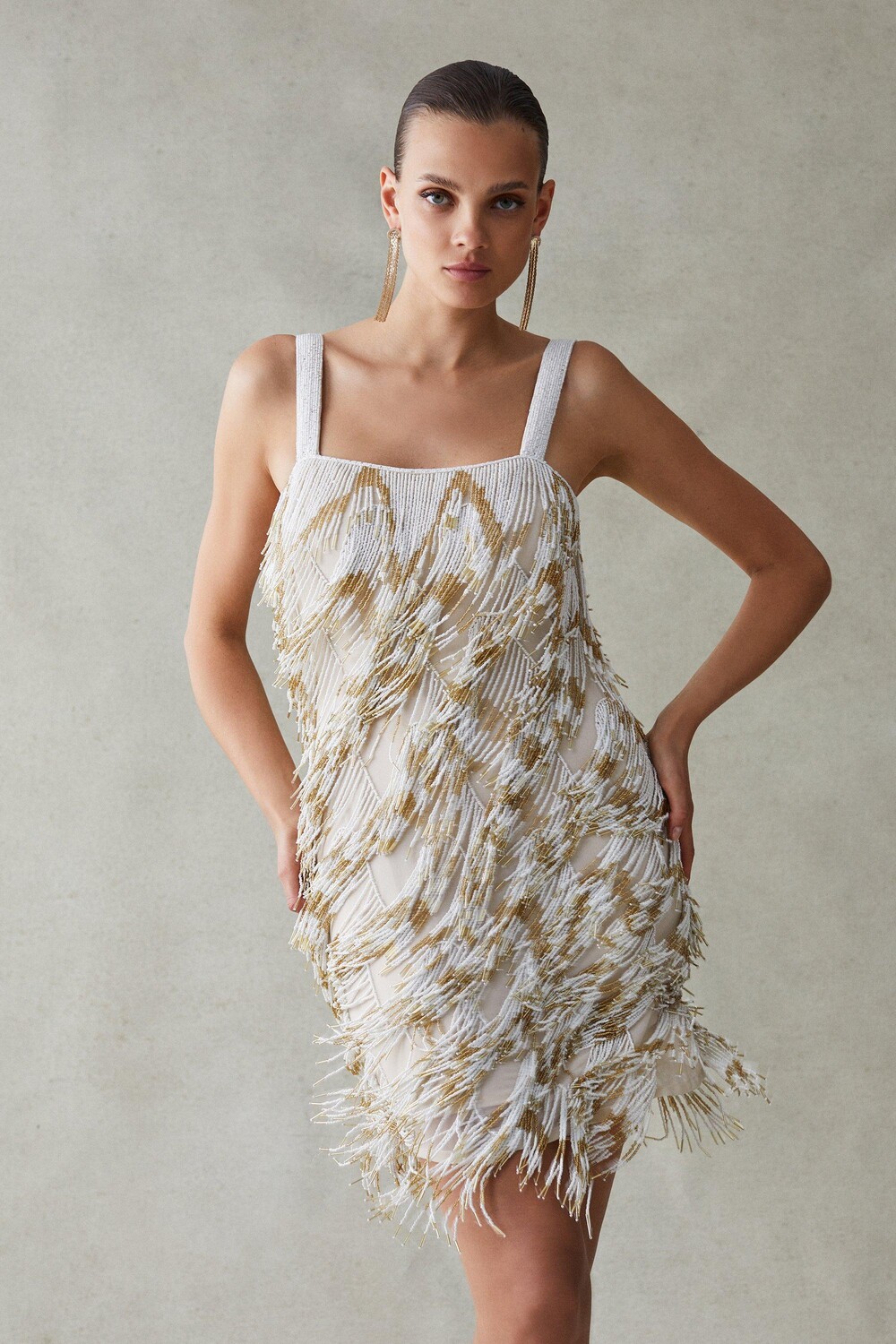 

Мини-платье с квадратным вырезом и бахромой Karen Millen, белый