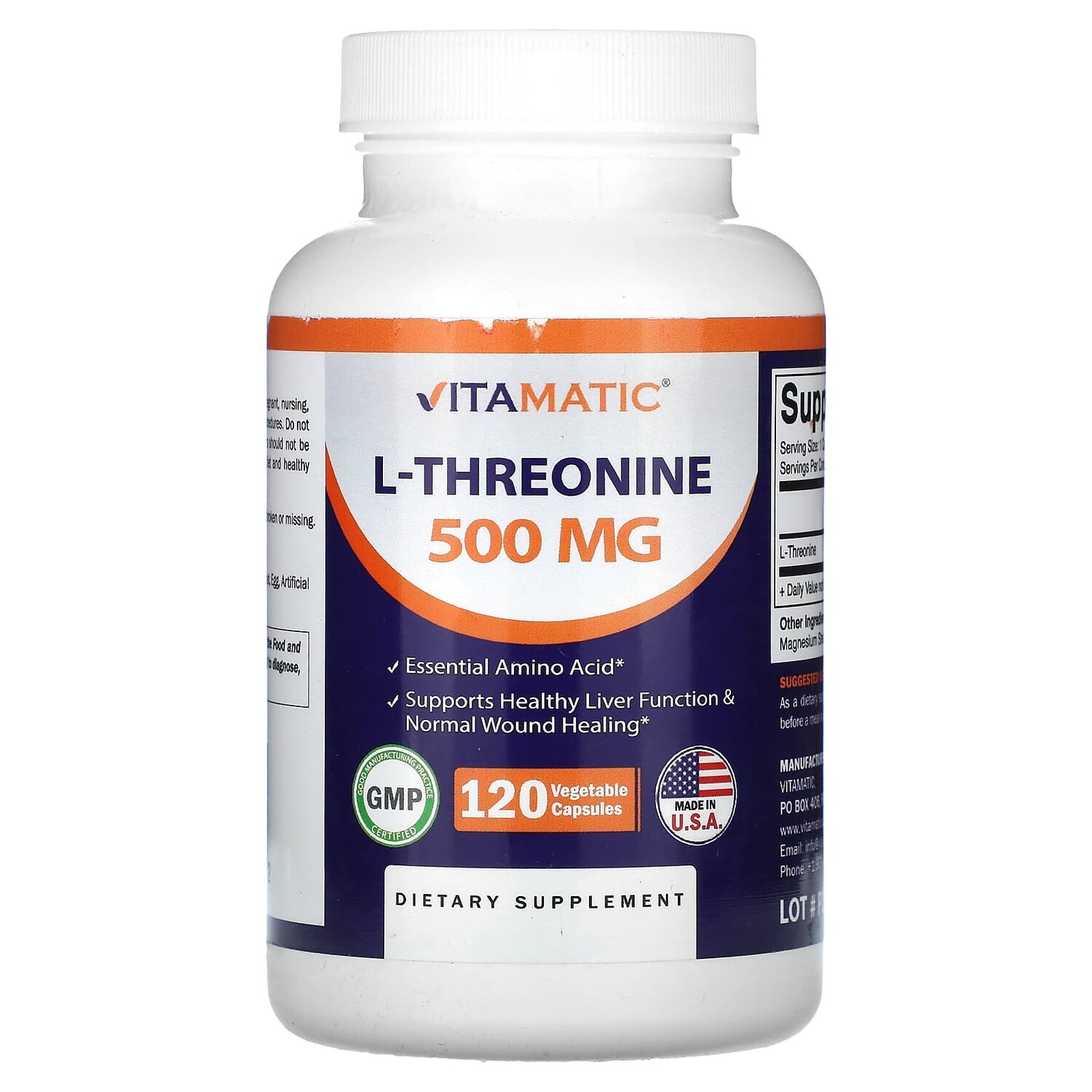 

L-треонин, 500 мг, 120 растительных капсул, Vitamatic
