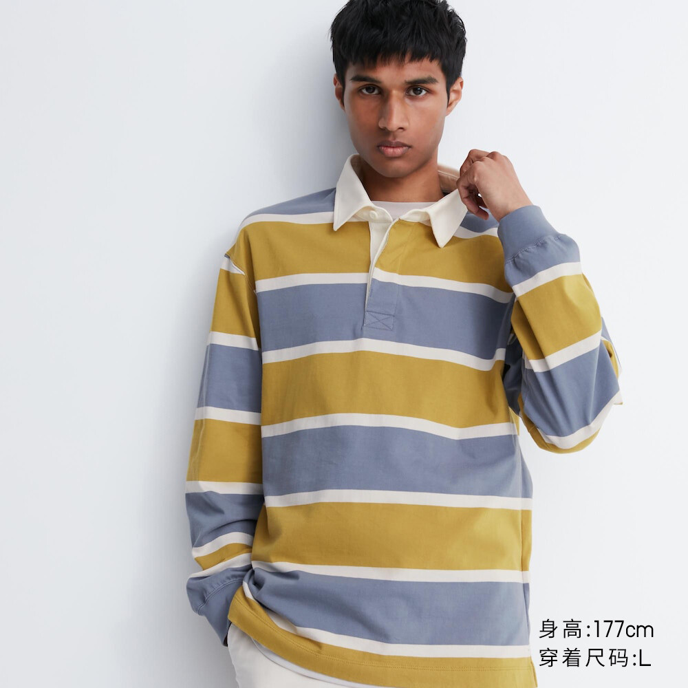 

Рубашка-поло Uniqlo унисекс повседневная с длинными рукавами в студенческом стиле, синий/желтый