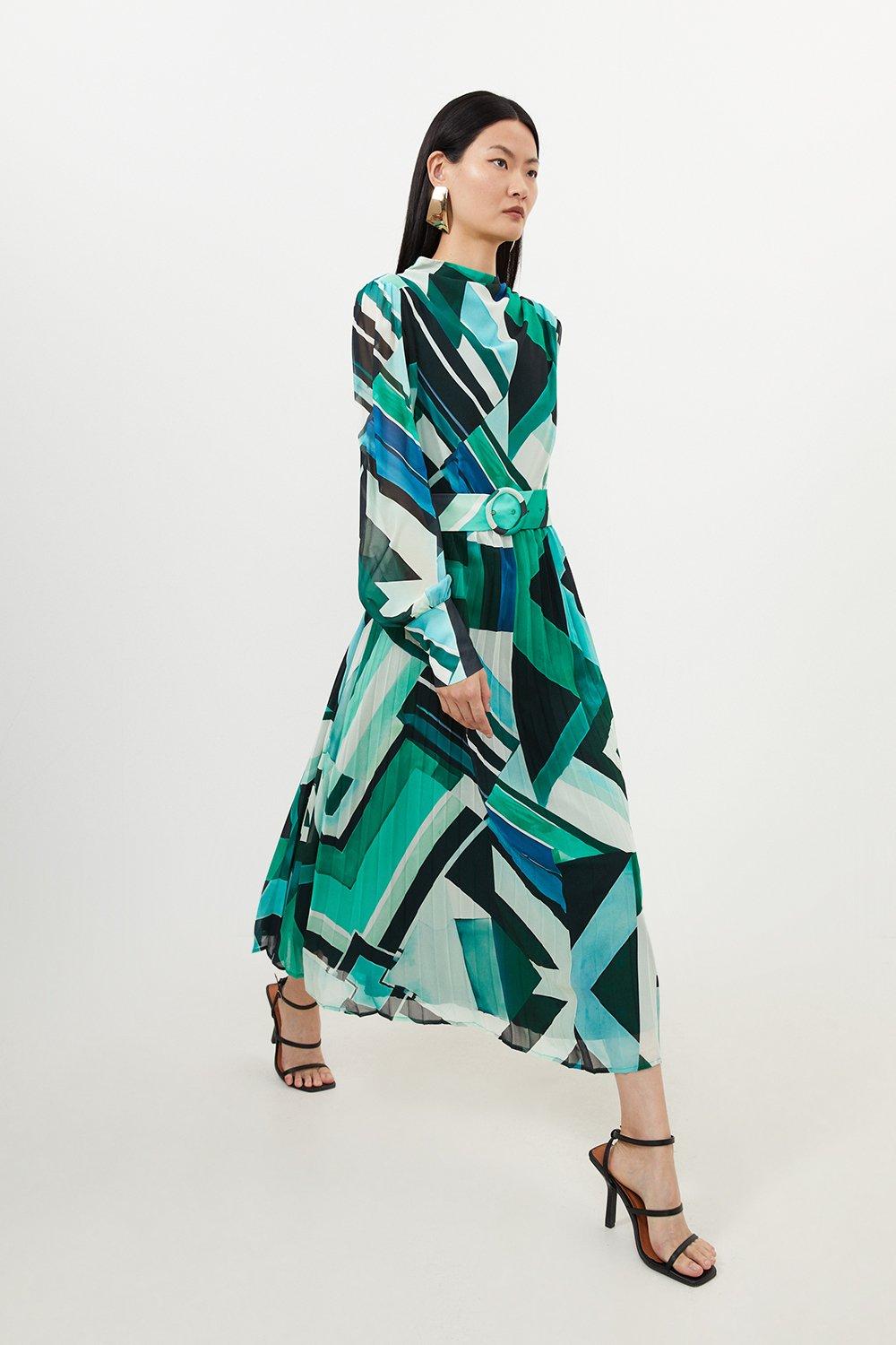 Тканое платье макси с длинными рукавами и геопринтом Georgette Karen Millen, зеленый