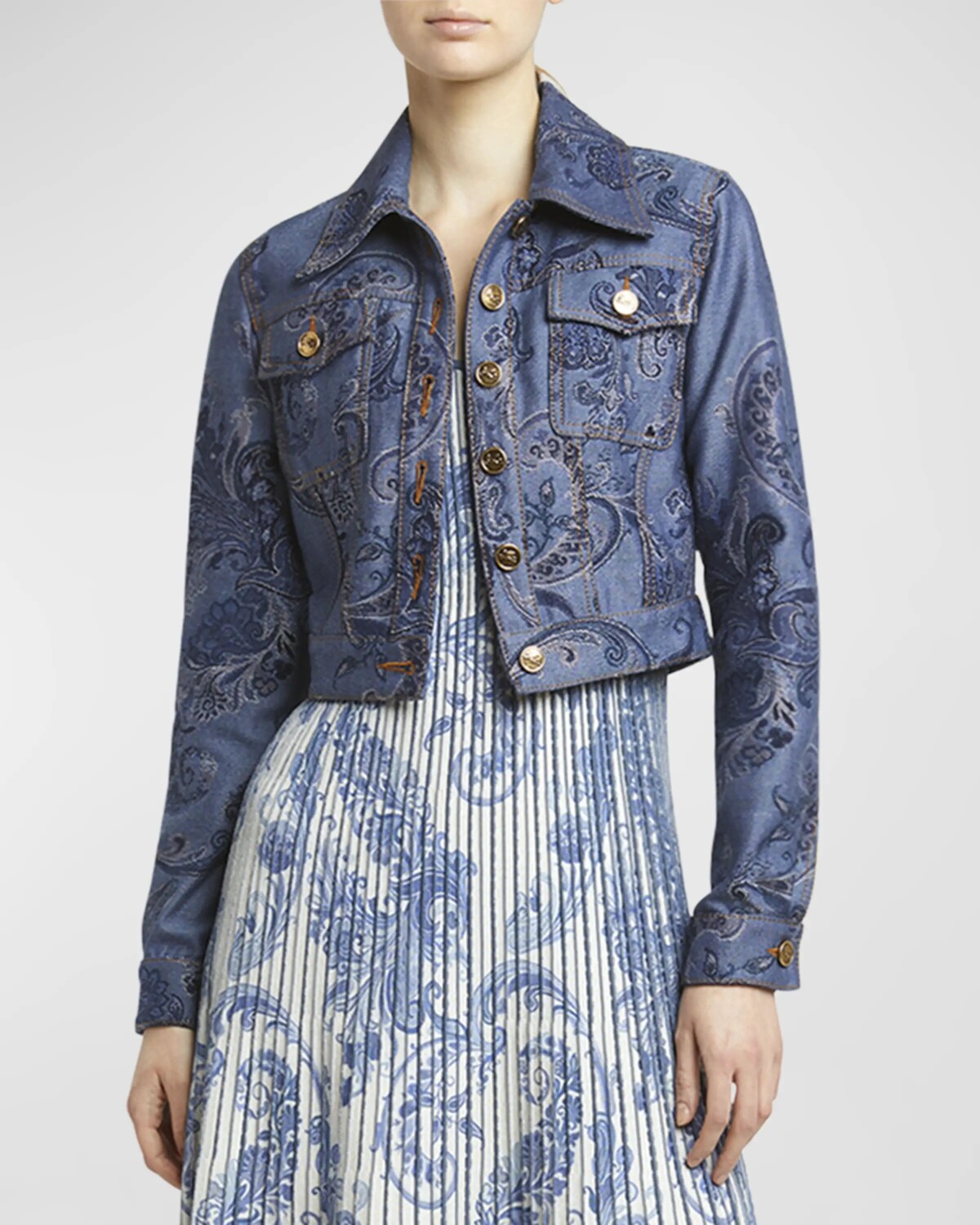 

Джинсовая укороченная куртка с узором пейсли Etch Etro, цвет Multicolour On Blue