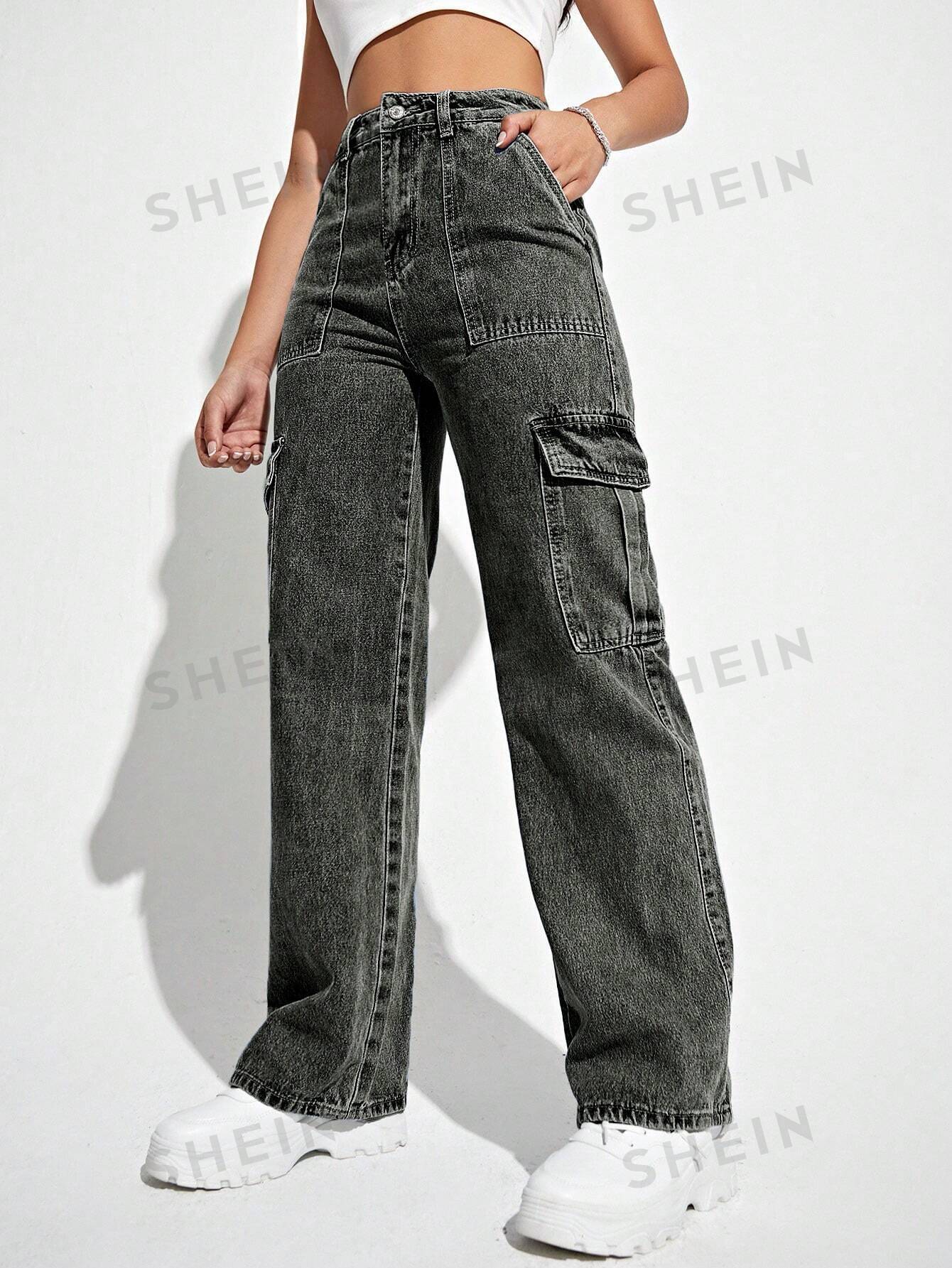 цена SHEIN Coolmax Джинсовые брюки с карманами и откидными карманами в стиле рабочей одежды, темно-серый
