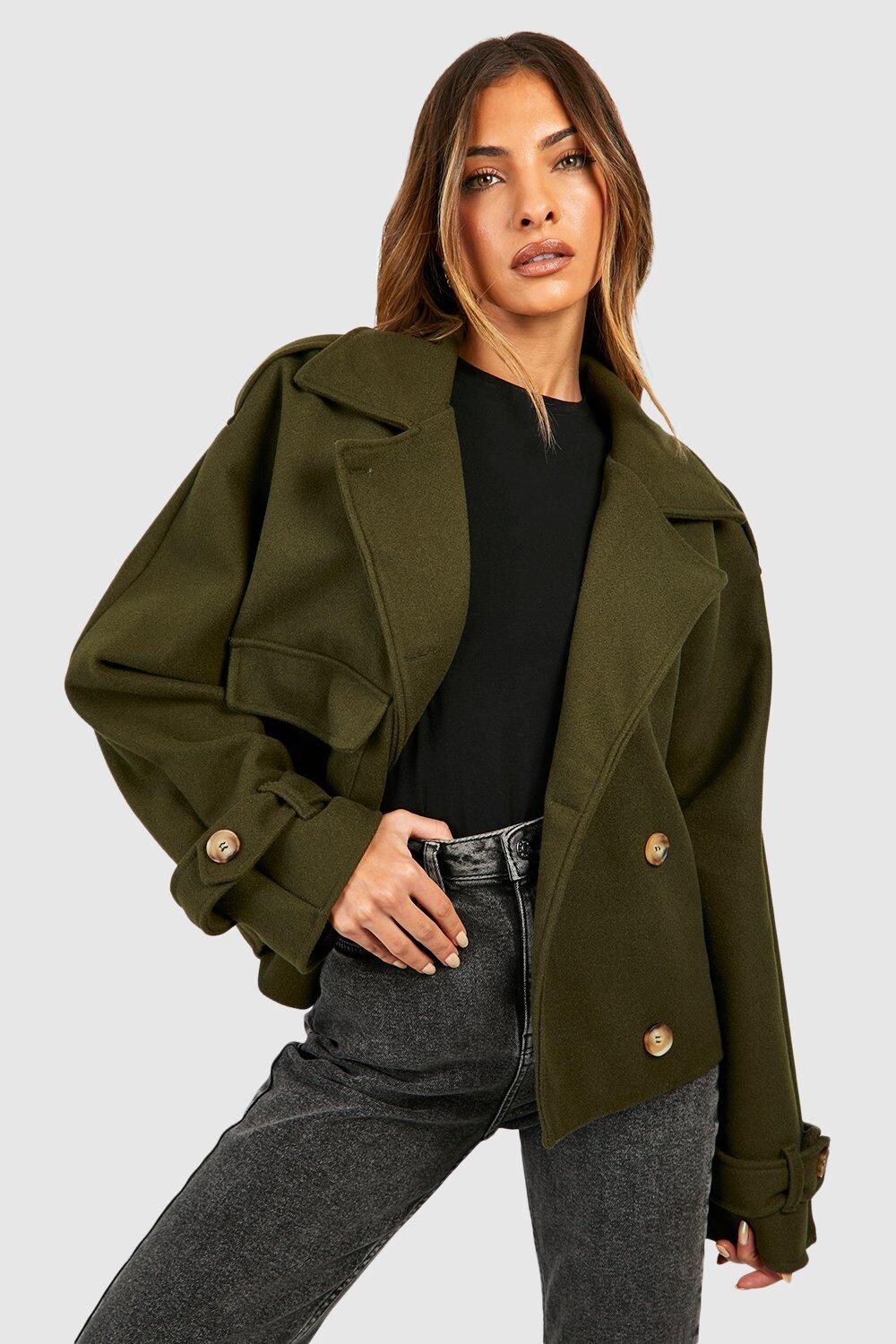 

Укороченный тренч из шерстяной ткани boohoo, хаки