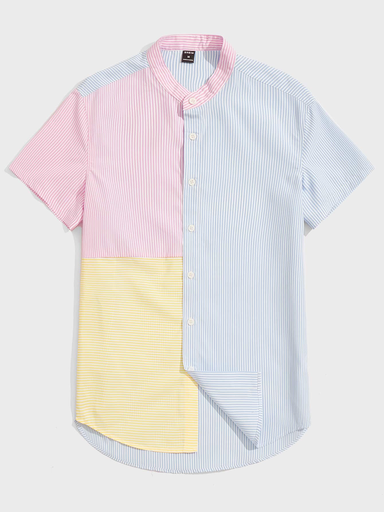 Мужская рубашка в полоску с воротником-стойкой Manfinity Hypemode в стиле пэчворк, многоцветный