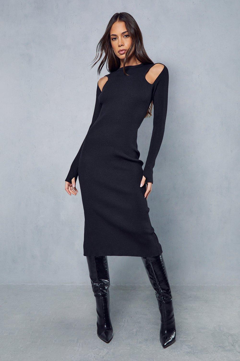 Платье миди в рубчик с вырезами MISSPAP, черный цена и фото