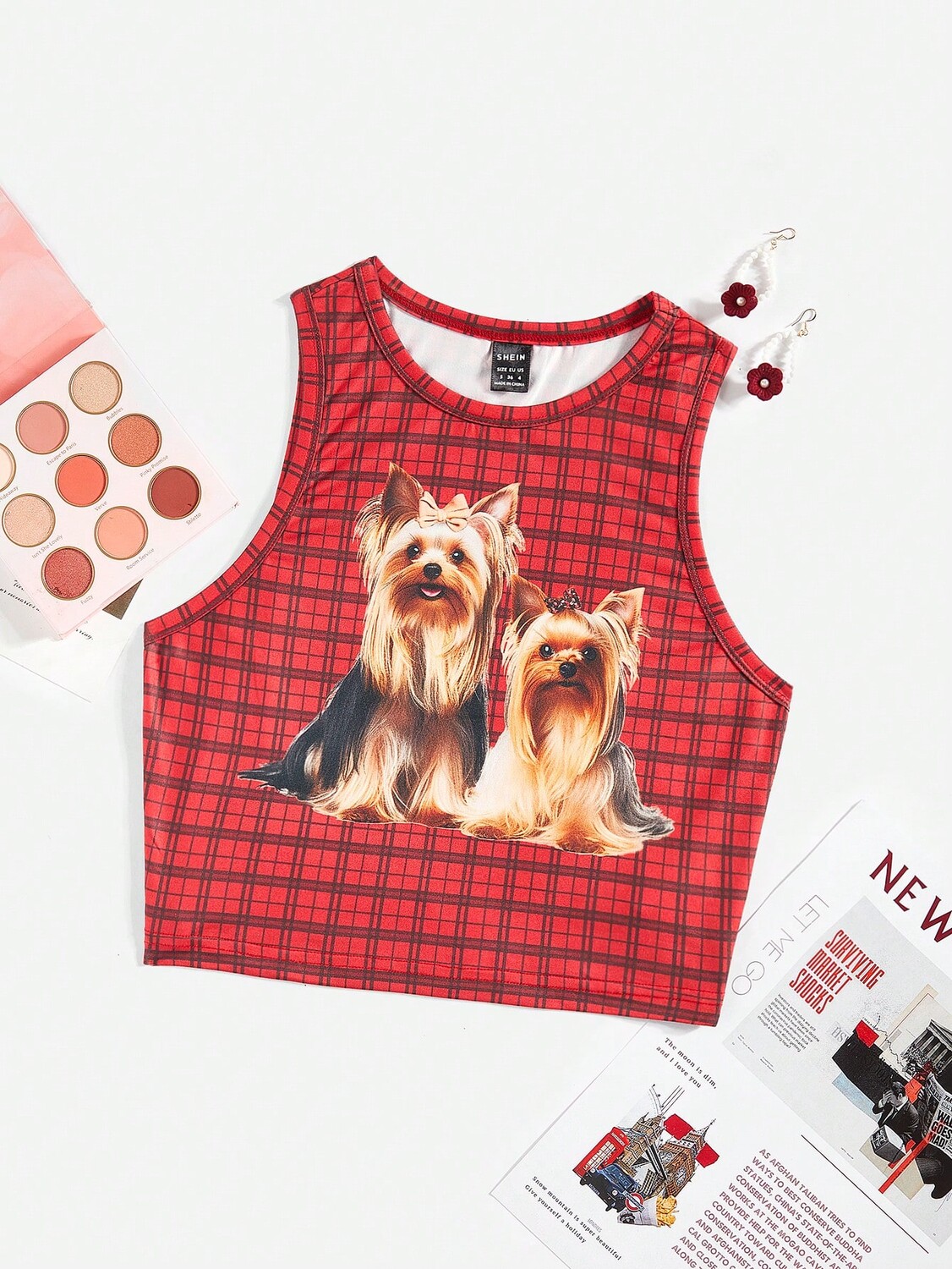 

SHEIN Укороченная безрукавка в клетку Qutie с животным узором, красный цвет