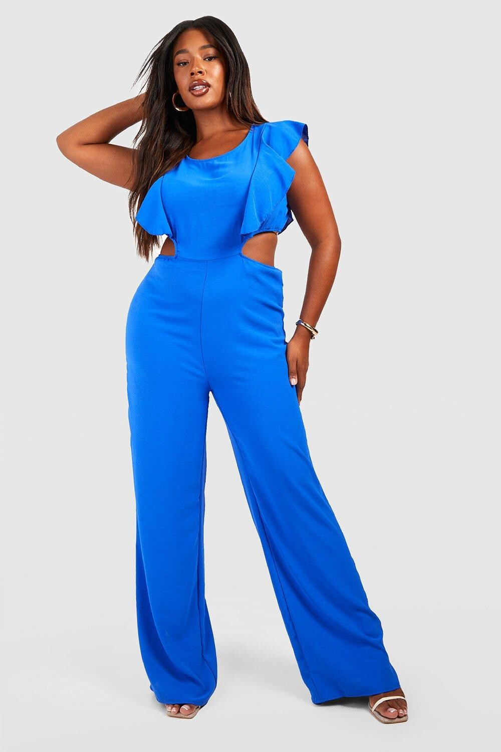 

Льняной комбинезон с рюшами и широкими штанинами plus Boohoo, кобальтовый