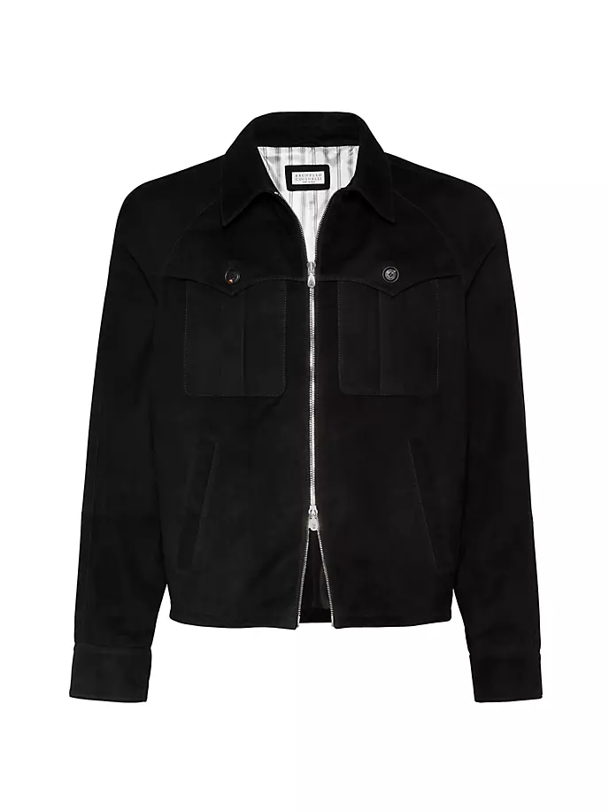 Замшевая верхняя куртка с нагрудными карманами и рукавами реглан Brunello Cucinelli, черный замшевая верхняя куртка brunello cucinelli светло коричневый