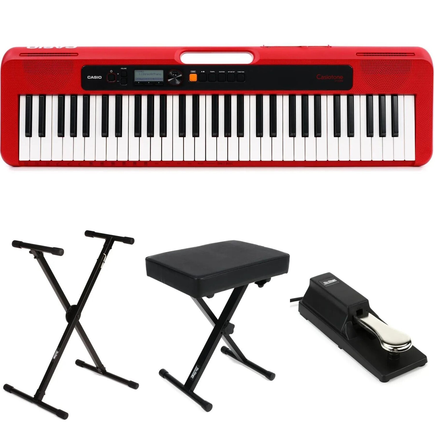 

Casio Casiotone CT-S200 61-клавишная портативная клавиатура-аранжировщик, комплект предметов первой необходимости — красный