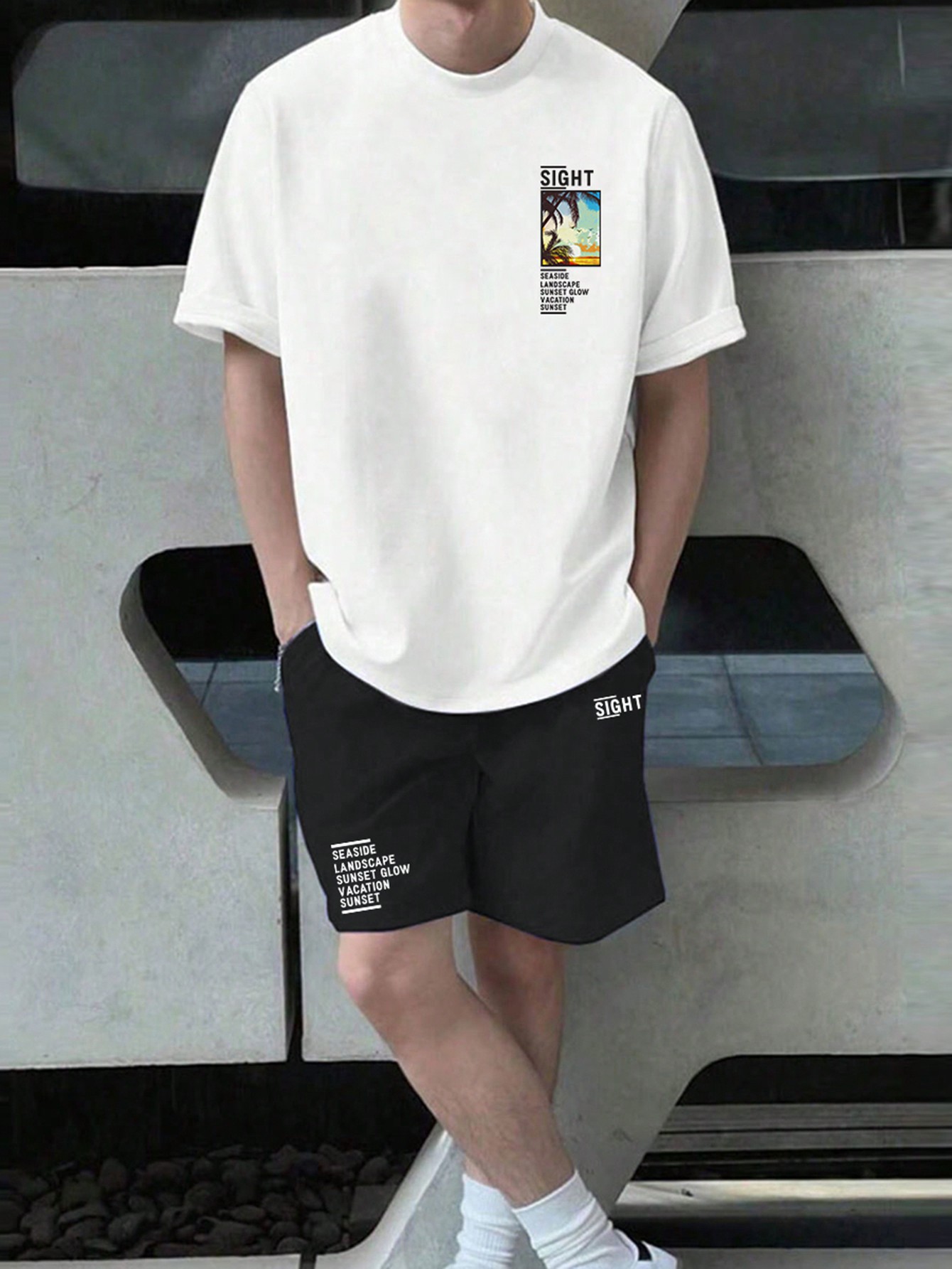 Мужская футболка свободного покроя Manfinity Hypemode с короткими рукавами и шортами с буквенным принтом и диагональным карманом, белый