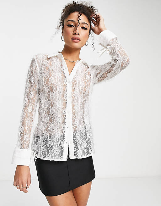 

Белая прозрачная кружевная рубашка с завязками на манжетах ASOS DESIGN