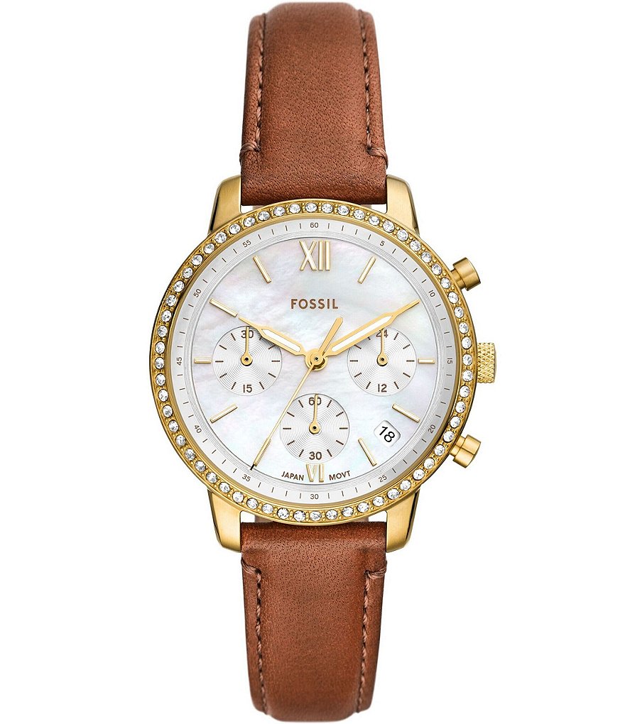 цена Fossil Женские коричневые кожаные часы с хронографом и кристаллами, украшенные кристаллами, коричневый