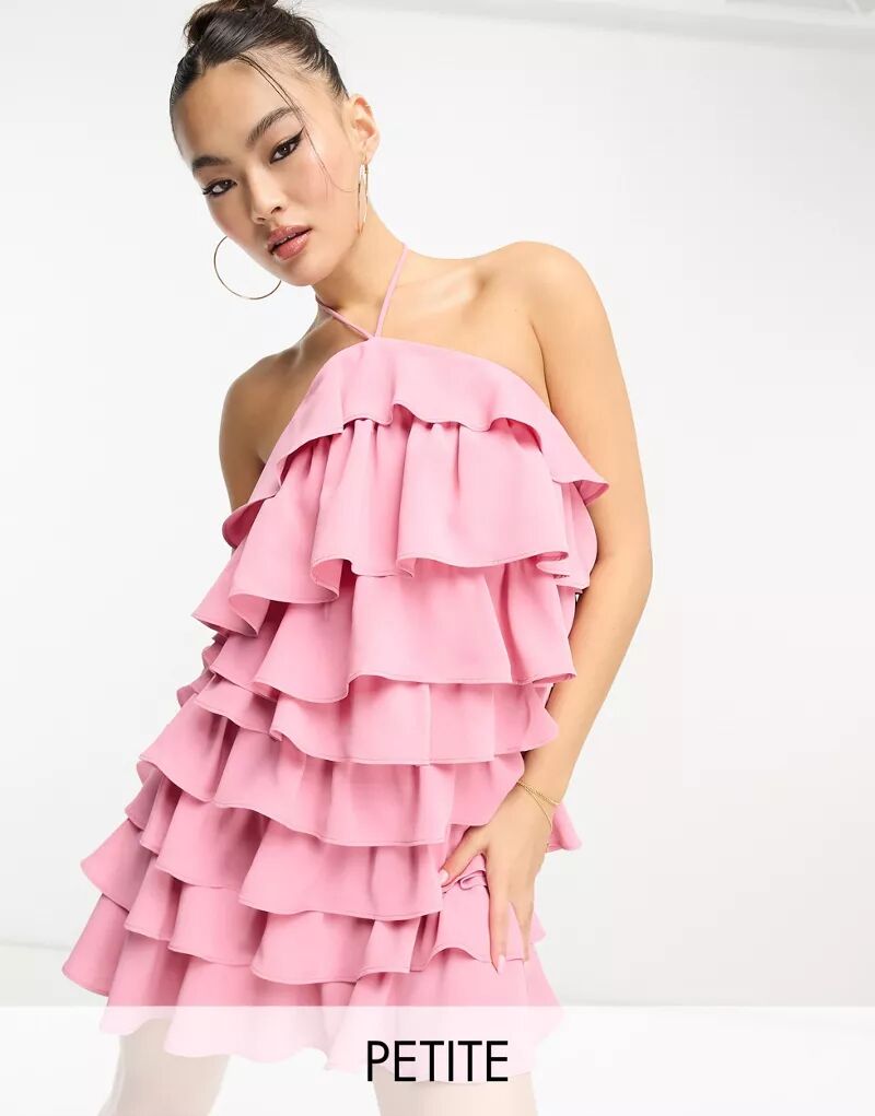 Розовое платье мини с воротником-халтер и оборками Collective the Label Petite