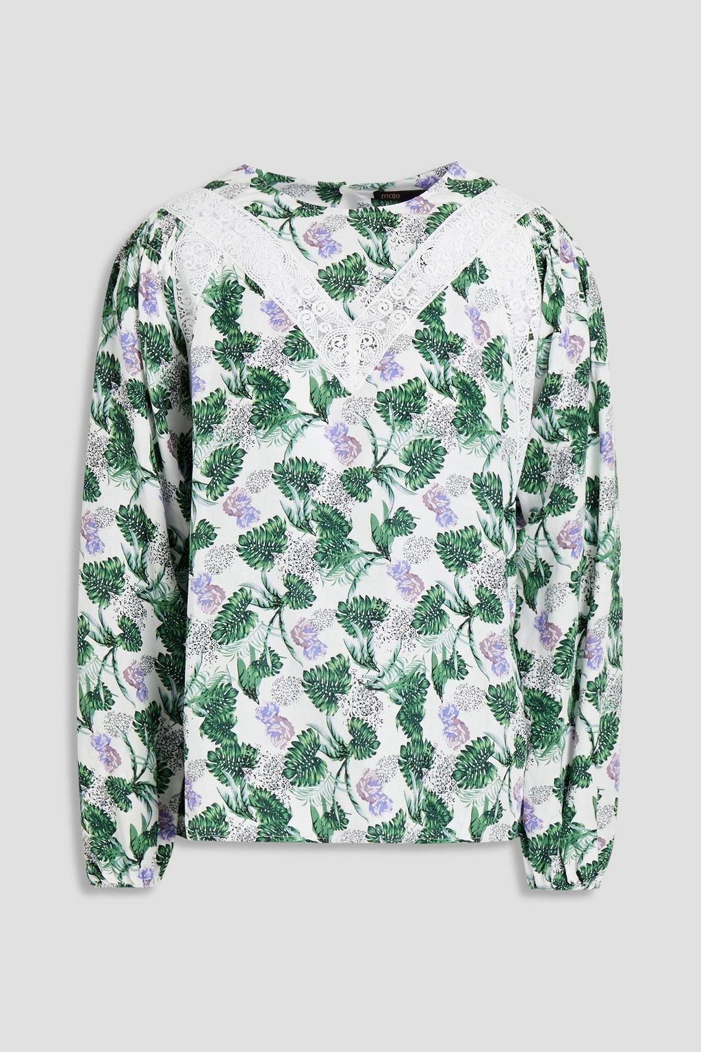 цена Тканая блузка с кружевной отделкой и цветочным принтом MAJE, зеленый