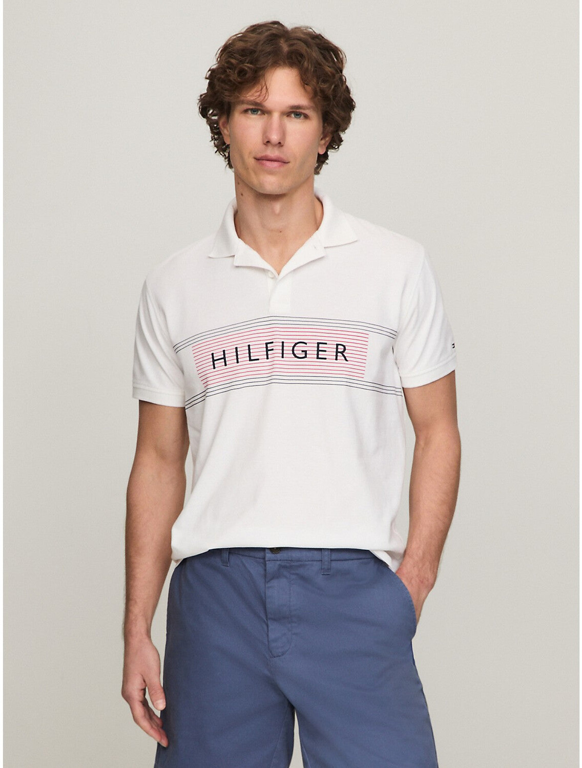 

Мужское поло с полосками на груди Tommy Hilfiger стандартного кроя, цвет Fresh White