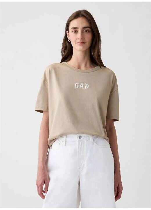 

Однотонная бежевая женская футболка с круглым вырезом 407990 Gap, бежевый
