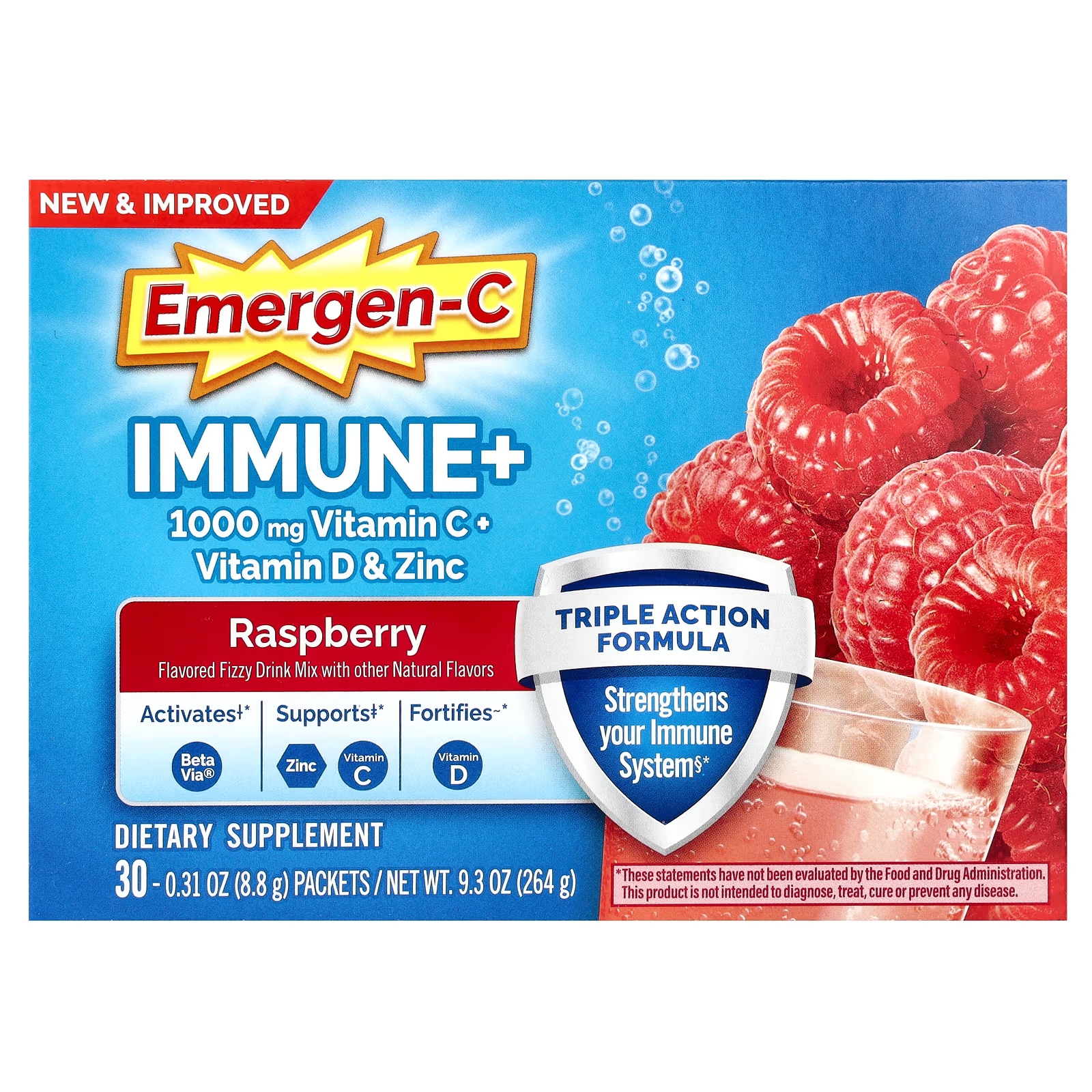 Шипучая смесь Emergen-C Immune + витамин C + витамин D и цинк с малиной, 30 пакетов по 8,8 г
