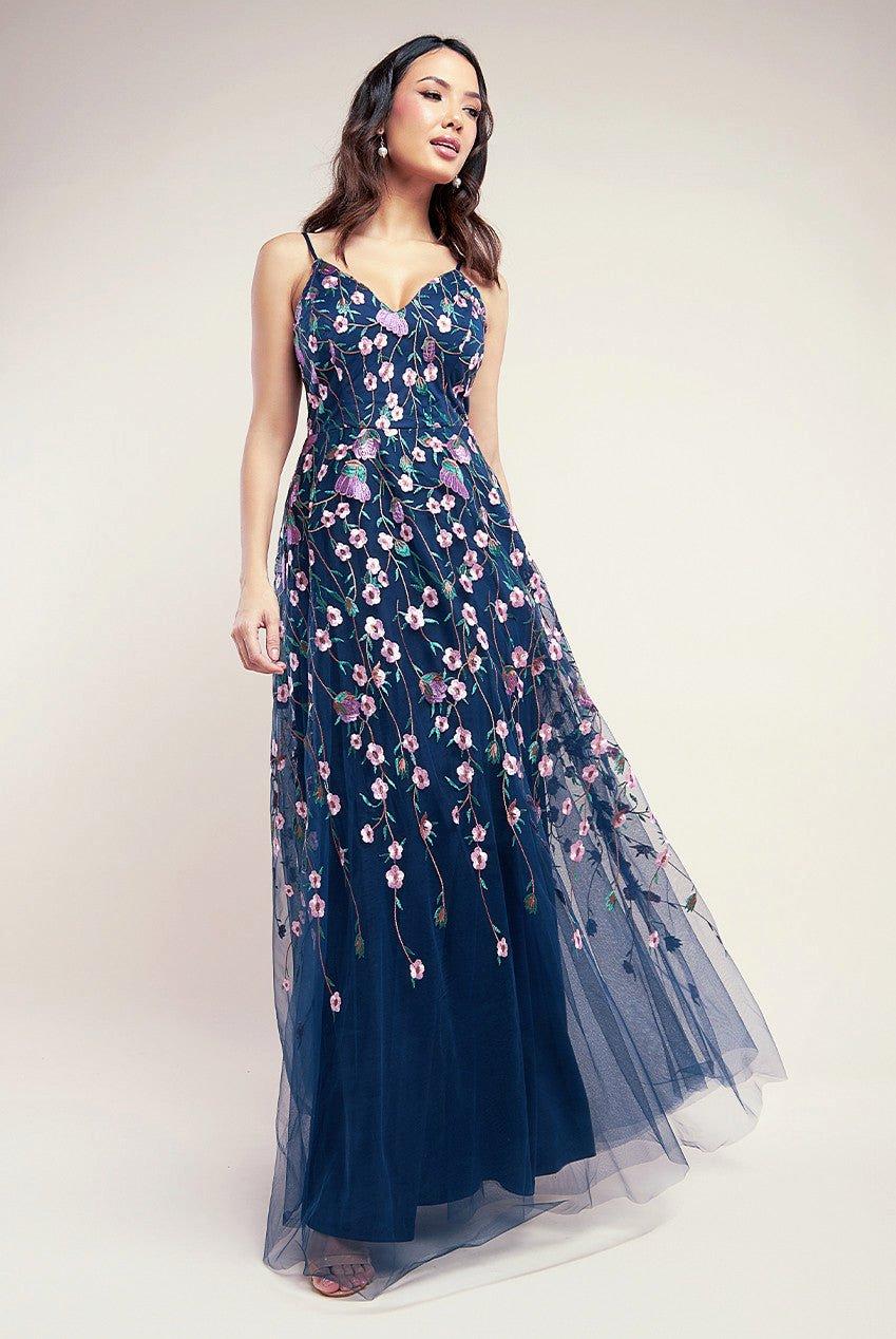 Платье макси без рукавов с цветочным принтом Goddiva, темно-синий