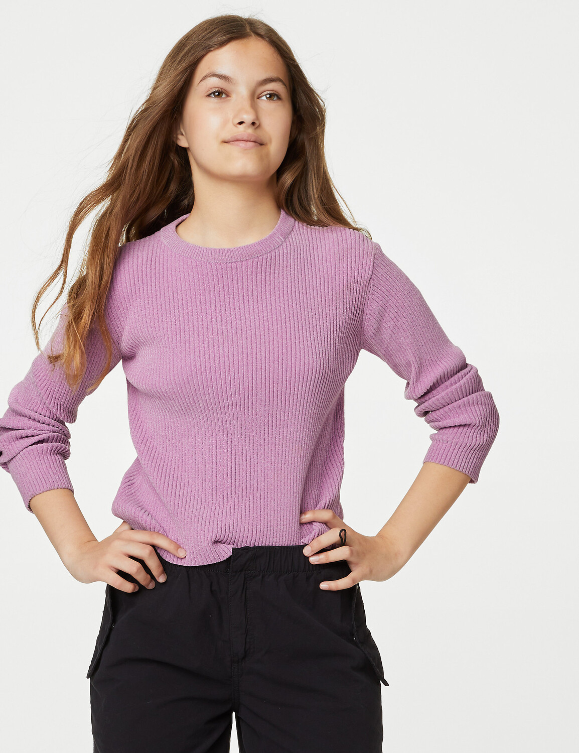 

Вязаный полосатый джемпер (6–16 лет) Marks & Spencer, розовый