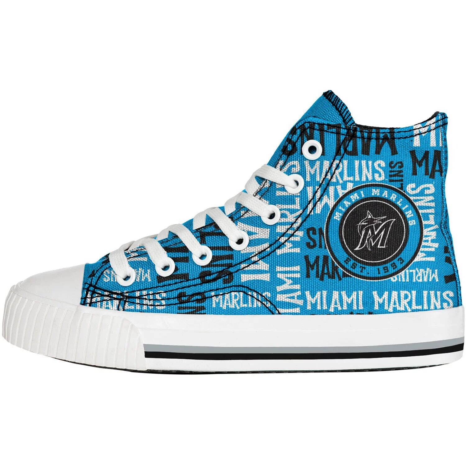 

Молодежные кеды FOCO Blue Miami Marlins с повторяющимся текстом и высокими кеды из парусины по всей поверхности Unbranded
