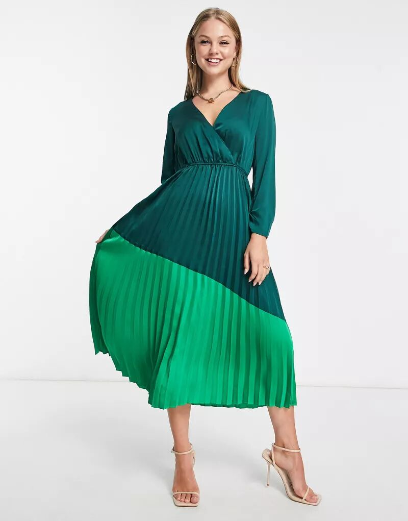 цена Зеленое платье миди с плиссированной юбкой и ликерным контрастом Liquorish