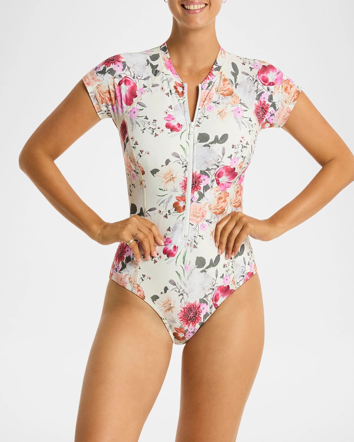 

Сплошной купальник Rashguard с цветочным принтом Multifit Sea Level Swim, цвет Coconut